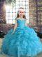 Modern Blue Ball Gowns Straps Sleeveless Organza Floor Length Lace Up Beading and Ruffles and Pick Ups Little Girl Pageant Gowns