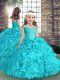 Customized Straps Sleeveless High School Pageant Dress Floor Length Beading Aqua Blue Organza