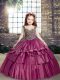 Pretty Beading Little Girls Pageant Dress Fuchsia Lace Up Sleeveless Floor Length
