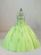 Yellow Green Halter Top Lace Up Embroidery Vestidos de Quinceanera Brush Train Sleeveless