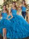 Perfect Halter Top Sleeveless Vestidos de Quinceanera Floor Length Ruffles Blue Tulle