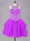 Fuchsia Ball Gowns Tulle Halter Top Sleeveless Beading Mini Length Lace Up Dress for Prom