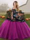 Sleeveless Floor Length Embroidery Lace Up Quince Ball Gowns with Fuchsia