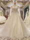 White Tulle Lace Up Wedding Gown Long Sleeves Court Train Appliques