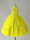 Glorious Yellow Ball Gowns High-neck Sleeveless Tulle Floor Length Lace Up Beading and Appliques Girls Pageant Dresses