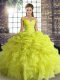 Dynamic Yellow Green Organza Lace Up Sweet 16 Dress Sleeveless Floor Length Beading and Ruffles and Pick Ups