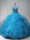 Dramatic Tulle Sleeveless Quinceanera Gowns Brush Train and Beading and Ruffles