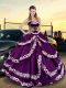 Modest Purple Satin Lace Up Sweetheart Sleeveless Floor Length Quinceanera Gowns Embroidery and Ruffled Layers