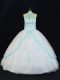 Halter Top Sleeveless Sweet 16 Dresses Floor Length Appliques Blue And White Tulle