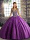 Elegant Sleeveless Floor Length Beading and Appliques Lace Up Sweet 16 Quinceanera Dress with Purple