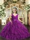 Eggplant Purple Organza Backless V-neck Sleeveless Floor Length Child Pageant Dress Beading and Ruffles
