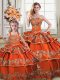 Custom Design Floor Length Lace Up Vestidos de Quinceanera Orange for Sweet 16 and Quinceanera with Embroidery and Ruffled Layers