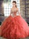Floor Length Lace Up Ball Gown Prom Dress Coral Red for Military Ball and Sweet 16 and Quinceanera with Beading and Ruffles