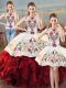 Organza Halter Top Sleeveless Lace Up Embroidery and Ruffles Quince Ball Gowns in White And Red