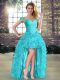 Aqua Blue A-line Beading and Ruffles High School Pageant Dress Lace Up Organza Sleeveless High Low
