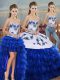 Romantic Organza Sweetheart Sleeveless Lace Up Embroidery and Ruffled Layers and Bowknot 15th Birthday Dress in Royal Blue