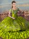 High End Olive Green Ball Gowns Satin and Organza Off The Shoulder Sleeveless Embroidery and Ruffled Layers Floor Length Lace Up Quince Ball Gowns