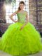 Sleeveless Beading and Ruffles Lace Up Quince Ball Gowns with Brush Train