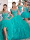 Artistic Aqua Blue Lace Up Off The Shoulder Beading and Ruffles 15th Birthday Dress Tulle Long Sleeves Brush Train