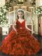 Brown Ball Gowns Organza V-neck Sleeveless Beading and Ruffles and Pick Ups Floor Length Backless Kids Formal Wear