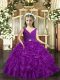 Eggplant Purple Backless V-neck Ruffles Little Girls Pageant Dress Wholesale Organza Sleeveless