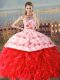 Custom Designed Halter Top Sleeveless Organza Sweet 16 Dress Embroidery and Ruffles Court Train Lace Up