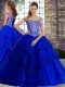 Royal Blue Sleeveless Brush Train Beading and Lace Quinceanera Gowns