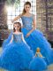 Designer Brush Train Ball Gowns Quinceanera Dresses Blue Off The Shoulder Tulle Sleeveless Lace Up