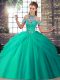 Admirable Turquoise Ball Gowns Halter Top Sleeveless Tulle Brush Train Lace Up Beading and Pick Ups Quinceanera Gowns