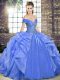 Artistic Blue Organza Lace Up Off The Shoulder Sleeveless Floor Length Quinceanera Gown Beading and Ruffles