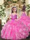 Floor Length Lace Up Little Girl Pageant Dress Rose Pink for Party and Wedding Party with Beading and Ruffles