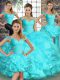 Cheap Aqua Blue Ball Gowns Beading and Ruffles Sweet 16 Dress Lace Up Organza Sleeveless Floor Length