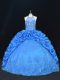 On Sale Floor Length Blue Quinceanera Gowns Taffeta Sleeveless Beading and Appliques and Embroidery and Pick Ups