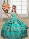 Admirable Sleeveless Satin Floor Length Lace Up Little Girls Pageant Dress in Turquoise with Embroidery and Ruffled Layers