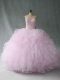 Pink Ball Gowns Beading and Ruffles Quinceanera Gowns Lace Up Tulle Sleeveless Floor Length