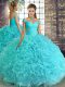 Sleeveless Floor Length Beading Lace Up Quinceanera Dresses with Aqua Blue
