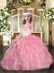 Pink Ball Gowns Straps Sleeveless Organza Floor Length Lace Up Beading and Ruffles Girls Pageant Dresses