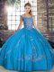 Popular Blue Tulle Lace Up Sweet 16 Dresses Sleeveless Floor Length Beading and Embroidery