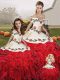 Sleeveless Floor Length Embroidery and Ruffles Lace Up Sweet 16 Quinceanera Dress with White And Red