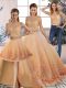 Flirting Peach 15th Birthday Dress Military Ball and Sweet 16 and Quinceanera with Lace Scalloped Sleeveless Sweep Train Backless
