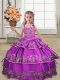 Amazing Purple Satin Lace Up Straps Sleeveless Floor Length Child Pageant Dress Embroidery and Ruffled Layers