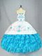 Beautiful Baby Blue Organza Lace Up Ball Gown Prom Dress Sleeveless Floor Length Embroidery and Ruffled Layers