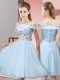 Light Blue Empire Appliques Court Dresses for Sweet 16 Lace Up Tulle Short Sleeves Knee Length