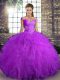 Purple Tulle Lace Up Ball Gown Prom Dress Sleeveless Floor Length Beading and Ruffles