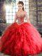 Sweetheart Sleeveless 15 Quinceanera Dress Floor Length Beading and Ruffles Red Tulle