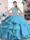 Elegant Blue Tulle Lace Up Scoop Sleeveless Floor Length Quinceanera Gowns Beading and Ruffles