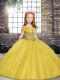 Yellow Lace Up Straps Beading Pageant Gowns For Girls Tulle Sleeveless