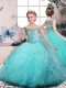 Aqua Blue Ball Gowns Tulle Off The Shoulder Sleeveless Beading and Ruffles Floor Length Lace Up Kids Formal Wear