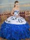 Glittering Blue And White Lace Up Sweetheart Embroidery and Ruffles and Bowknot Sweet 16 Quinceanera Dress Organza Sleeveless