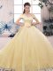 Sexy Off The Shoulder Short Sleeves Lace Up Quinceanera Gowns Champagne Tulle